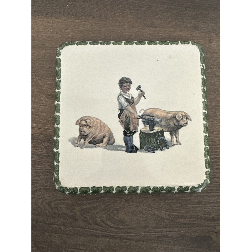 Villeroy Boch Ceramic Trivet Blacksmith Child Pigs Tray Vintage 6.5x6.5 Inches